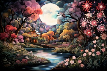 Tranquil moonlit gardens, blooming with exotic flowers and serenity under the moon's gentle gaze - Generative AI