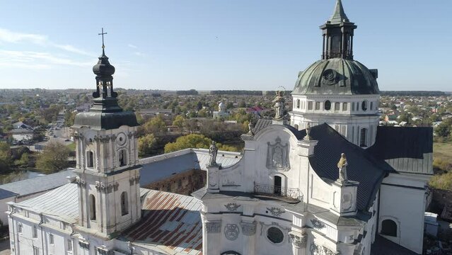 Aerial drone lift footage of Monastery of the Bare Carmelites in Berdychiv, historic city in Zhytomyr Oblast, Ukraine.