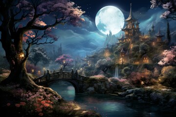 Obraz premium Tranquil moonlit gardens, blooming with exotic flowers and serenity under the moon's gentle gaze - Generative AI