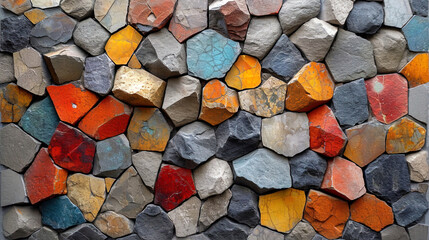 A concrete wall with mosaic elements, as if collected from stone parts of different shapes and siz - obrazy, fototapety, plakaty