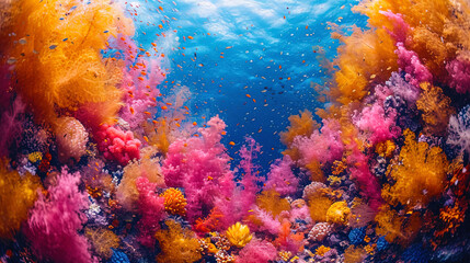A photophone of the underwater world with bright watercolors of marine creatures, creating abstrac