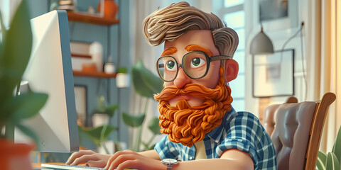 A quirky cartoon 3d man with a distinguished beard and glasses stands work remotly, exuding a sense of intelligence and individuality