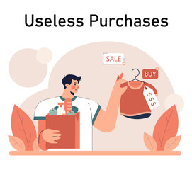 Impulsive buying. Shopaholic money problems. Consumer doing useless purchases without thoughtful consideration or planning. Spontaneous buying. Flat vector illustration