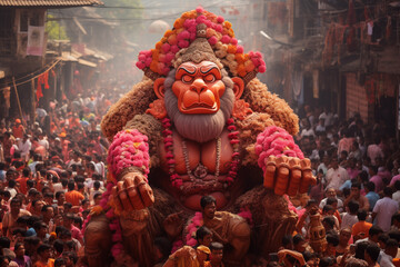 a giant image of Hanuman Jayanti in a mass procession of the crowd on the festival - obrazy, fototapety, plakaty