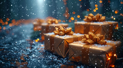 New Year's background with magical shining gifts that create a feeling of a miracle