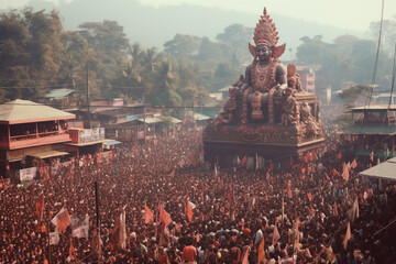 a large statue of an Indian deity in a mass procession of a crowd at a festival - obrazy, fototapety, plakaty
