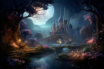 Obraz premium Tranquil moonlit gardens, blooming with exotic flowers and serenity under the moon's gentle gaze - Generative AI