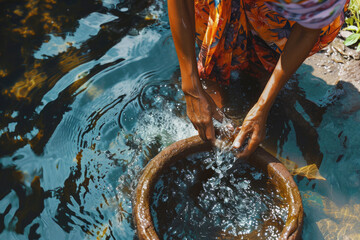 Top view of a woman's hands collecting water in a bucket in the river, problems with clean water, background for World Water Day and concern for the ecology of the planet, pollution of the environment