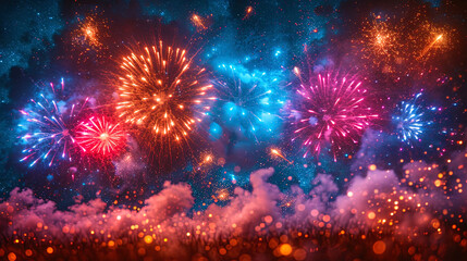 Fototapeta premium The background with magnificent fireworks and luminous traces in the night sky