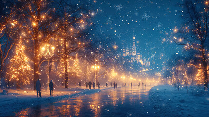 The background with shining ice figures and fairy tale characters - obrazy, fototapety, plakaty