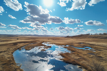 Landscape of a nature reserve in the north of Siberia, clean reservoirs with melt water, banner for World Water Day