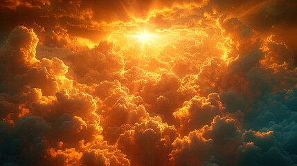 The heavenly background, where the golden rays of the sun penetrate the clouds, creating magical a