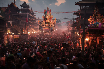 a mass celebration of Nyepi day in Indonesia and a large statue of the god - obrazy, fototapety, plakaty
