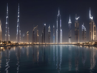Fototapeta premium Nighttime Beauty Reflected in the Waters Along the Coast. Generative AI