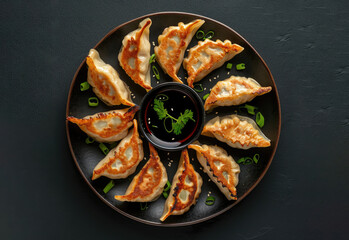Fried gyozas on a plate plate with green onions, and soy sauce, isolated on a dark table, top view