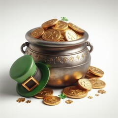 pot with gold coins and leprekon st patrick
