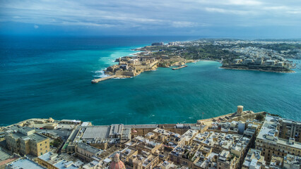 Fototapeta na wymiar Aerial landscape in capital city Valetta, Mediterranean sea, Malta