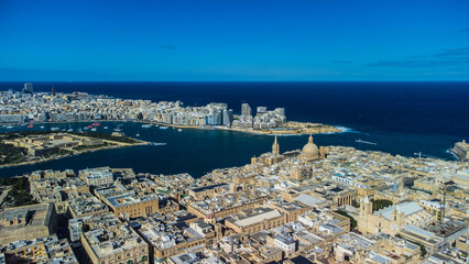 Aerial landscape in capital city Valetta, Mediterranean sea, Malta