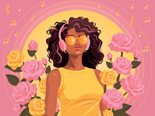 A beautiful African-American girl with headphones and sunglasses, curly hair. Around the rose. Listening to music. Melody, notes. The color is pink, yellow. World Women's Day.