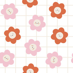 Vector seamless pattern with cute smiling flowers. Lovely cartoon endless background with flowers and grid for nursery, Valentines designs, romantic holidays, fabrics. Flat vector illustration