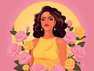 A beautiful girl surrounded by roses. Dark skin. Stylish. Fashionable Makeup. Curly hair. The color is pink, yellow. World Women's Day. An independent woman. Vector.