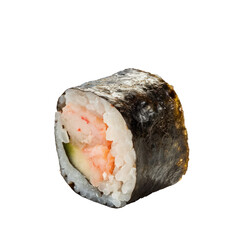 Macro view on maki sushi with shrimp. Transparent background. 