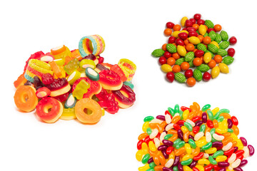 Assorted colorful gummy candies. Top view. Jelly donuts. Jelly bears. Isolated on a white...