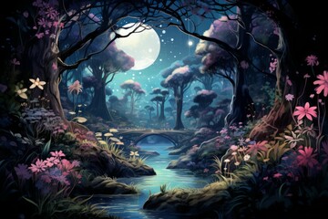 Tranquil moonlit gardens, blooming with exotic flowers and serenity under the moon's gentle gaze - Generative AI - obrazy, fototapety, plakaty