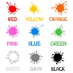 Color guide whit color name. Children educational Learning color theme and vocabulary. Set of colored blots on the white background.  illustration.