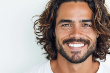 Closeup photo portrait of a handsome latino man smiling with clean teeth. for a dental ad - obrazy, fototapety, plakaty