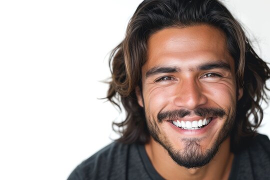 Closeup photo portrait of a handsome latino man smiling with clean teeth. for a dental ad