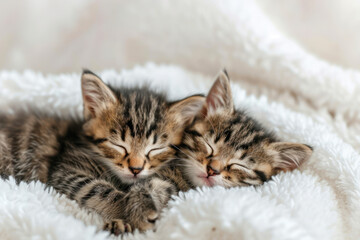 Obraz na płótnie Canvas Two cute kittens sleep on white fluffy blanket. Portrait of beautiful fluffy striped tabby kitten. Animal baby cat lies