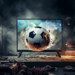 illustration of a soccer ball flying out of a TV screen. Created with Generative AI