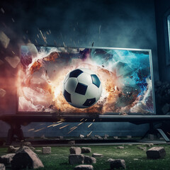 illustration of a soccer ball flying out of a TV screen. Created with Generative AI - obrazy, fototapety, plakaty