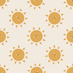 Vector seamless pattern with cute smiling sun. Lovely cartoon endless background with happy sun for nursery, Valentines designs, romantic holidays, fabrics, wallpaper. Flat vector illustration