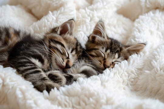 Two cute kittens sleep on white fluffy blanket. Portrait of beautiful fluffy striped tabby kitten. Animal baby cat lies