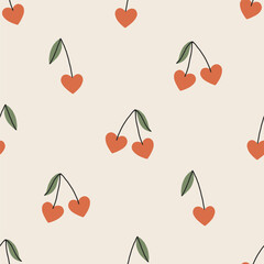 Vector seamless pattern with cute cherry hearts. Lovely romantic endless background for Valentines day, holiday design, nursery, fabric. Hand drawn baby pattern with red berries. Flat illustration