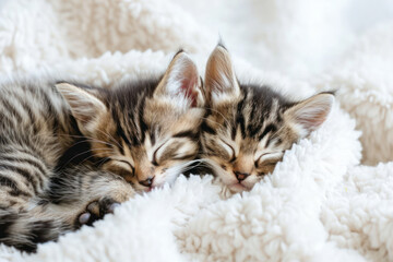 Two cute kittens sleep on white fluffy blanket. Portrait of beautiful fluffy striped tabby kitten. Animal baby cat lies
