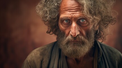 Obraz premium Photorealistic Old Indian Man with Brown Curly Hair vintage Illustration. Portrait of a person in Great Depression era aesthetics. Historic movie style Ai Generated Horizontal Illustration.