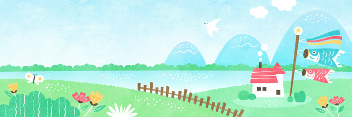 鯉のぼりが泳ぐ「こどもの日」の背景イラスト 自然あふれる水彩風景