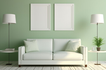 Interior Design Mockup For Poster in Modern Living Room Home Decor Light Green Tones