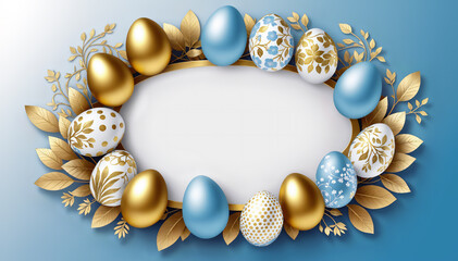 Fototapeta premium Easter banner background. A white oval frame surrounded by gold foliage and easter eggs in blue, gold, and white with floral motives. Banner for social media, greeting cards, or web advertising