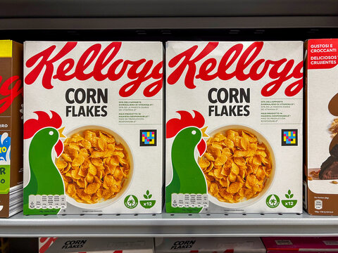 Italy - January 17, 2024: Boxes of Kelloggs Corn Flakes displayed for sale in an Italian supermarket