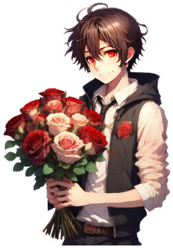 The coolest boy holds a bouquet of roses-ai generated