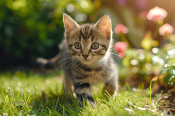 Naklejka na ściany i meble Small tabby kitten walking outdoors in summer, portrait on grass