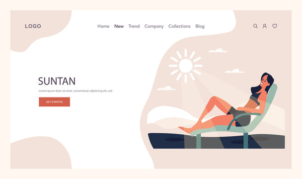 Self-tan web banner or landing page. Beautiful woman applying self-tanner bronzing lotion. Artificial tan cream. Sunburn protection and skin care procedure. Flat vector illustration