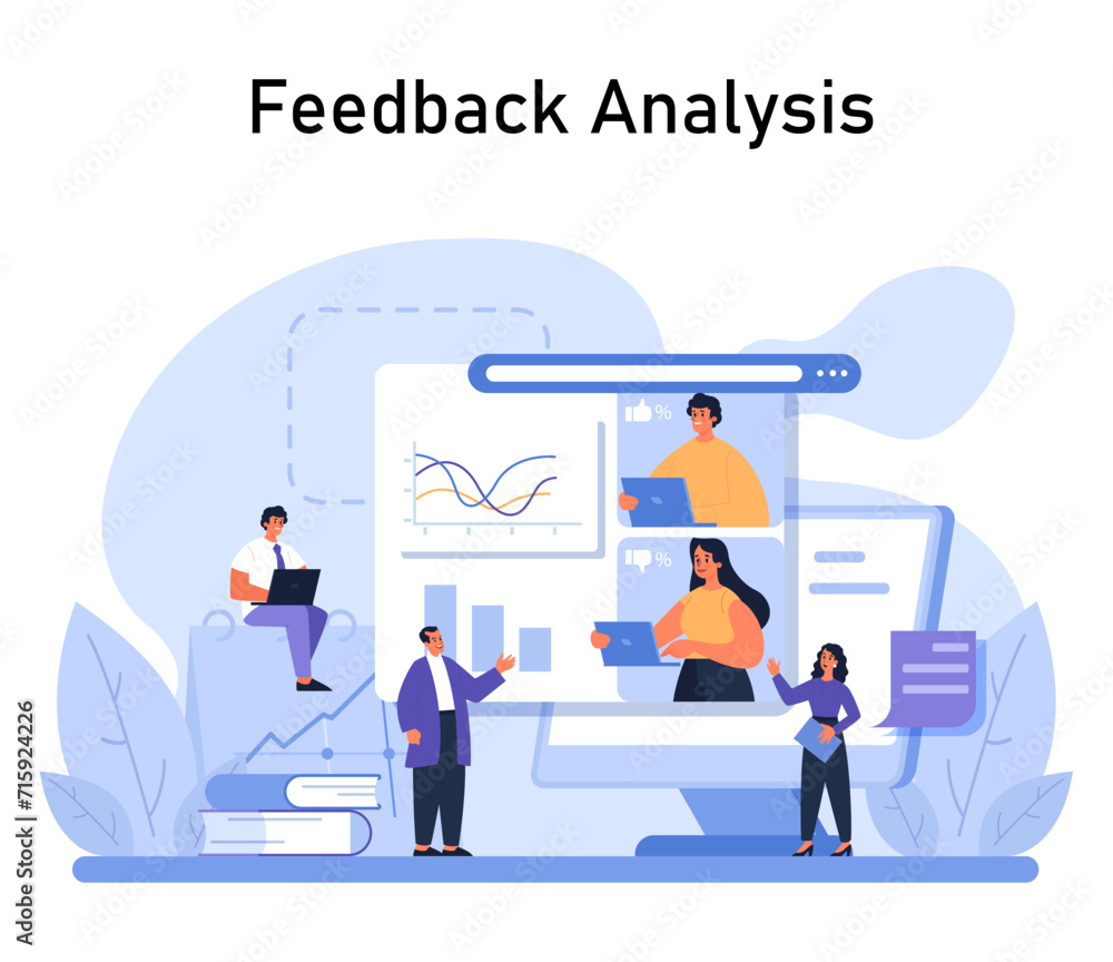 Poster feedback analysis concept. a team engages in data-driven performance review using analytics to enhan