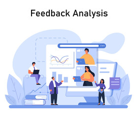 Feedback Analysis concept. A team engages in data-driven performance review using analytics to enhance strategies and outcomes. Flat vector illustration