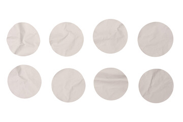 Round white stickers, blank tags labels isolated on a white background.