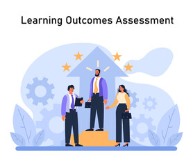 Evaluators celebrate a successful learning outcomes assessment. With gleaming stars and cogwheels, they mark milestones, ensure quality, and highlight individual growth. Flat vector.